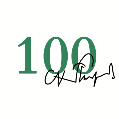 green text '100' overlapped by a black signature