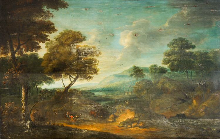 Oil-painted panel of rural landscape