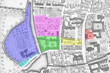 Cambridge town plan showing location of land gained from former Carmelite monastery