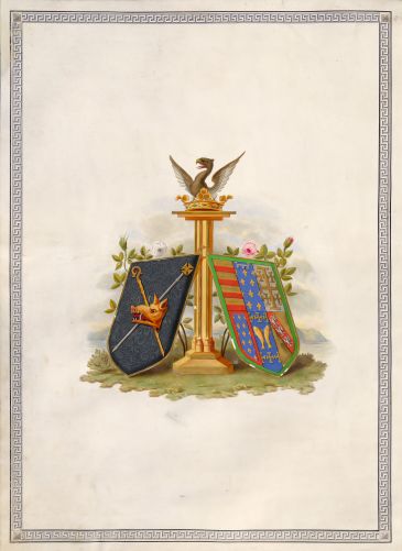 Frontispiece from atlas of estate plans: college coat of arms and badge