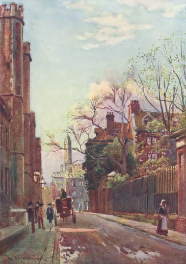 Watercolour of Queens’ Lane looking north