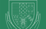 A white line drawing of the Queens' coat of arms in a pair of outstretched hands on a green background