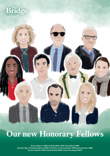 The front cover of The Bridge Magazine featuring the faces of the ten new Honorary Fellows on a green background